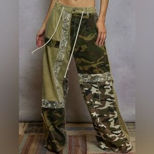 NEW!!! POL Camouflage Patchwork Wide-Leg Pants,Sz Large